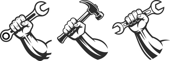 Strong Hands Holding Tools Vector Illustration Set.