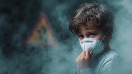 A child wearing a protective mask breathes in smoky polluted air near a warning sign symbolizing health risks