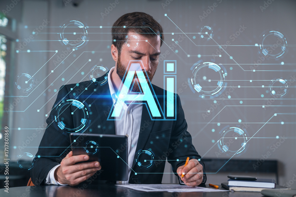 Poster man using tablet with futuristic ai interface in modern office setting.