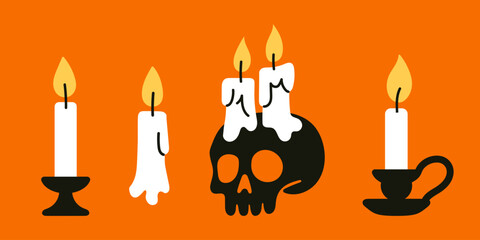 Vector set of halloween candles and skull cliparts isolated on orange background. Collection of cute spooky witchcraft decoration for magic design.