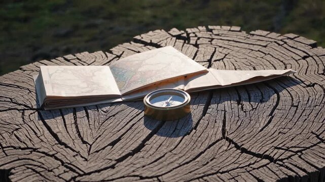 A Compass and Map Rest on a Tree Stump in an Outdoor Setting, Highlighting a Sense of Adventure and Exploration Under Natural Light