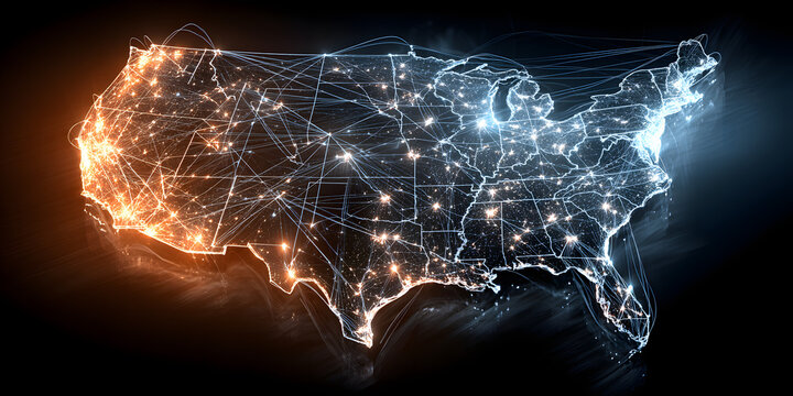 an image of the united states map with lines and connections, night photography, internet networks connections concept , space view , technology