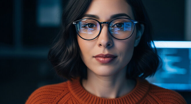 Focused woman wearing glasses working late at a computer