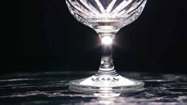 Close-up of a crystal wine glass on a dark surface