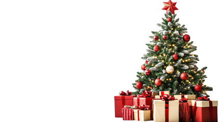 Decorated Christmas tree with gifts isolated on a transparent background