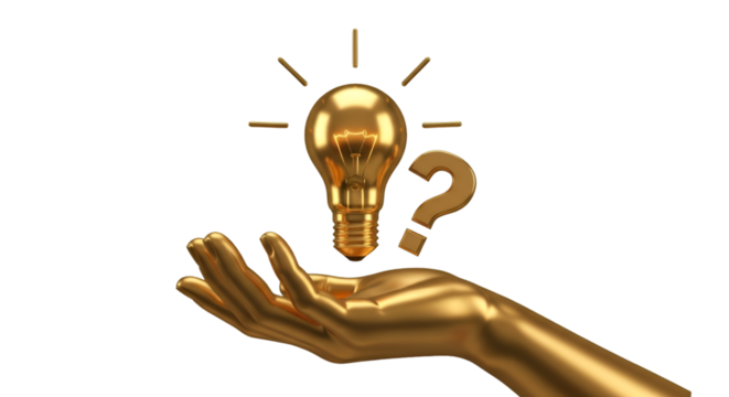 Golden Hand Holding a Bright Idea and a Question Mark
