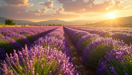 Scenic Lavender Field at Sunset with Golden Light and Rolling Hills