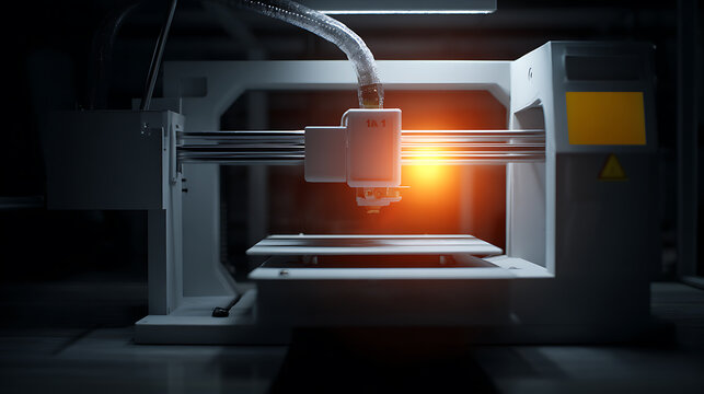 3D printer in operation with illuminated print head and layered build platform