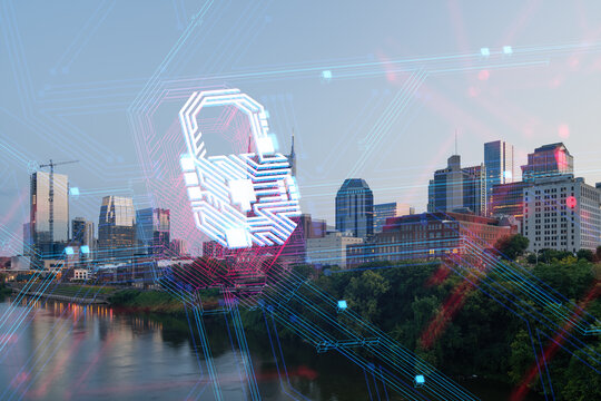 Cybersecurity concept over downtown Nashville skyline with digital lock overlay. - Powered by Adobe