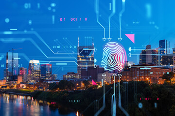 Digital fingerprint and circuit overlay on Nashville cityscape at night.