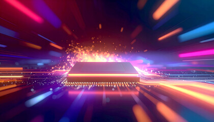 Ultra-fast futuristic glowing CPU microchip with jagged neon light trails and motherboard circuit background  
