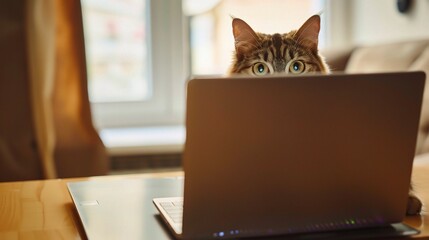 Paws and Pixels: A Surprised Cute Cat Gazes at the Laptop Screen on a Wooden Table