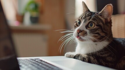 Paws and Pixels: A Surprised Cute Cat Gazes at the Laptop Screen on a Wooden Table