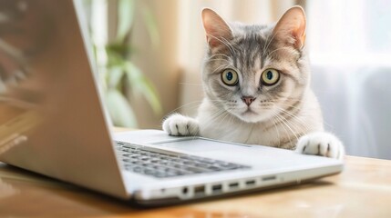 Paws and Pixels: A Surprised Cute Cat Gazes at the Laptop Screen on a Wooden Table