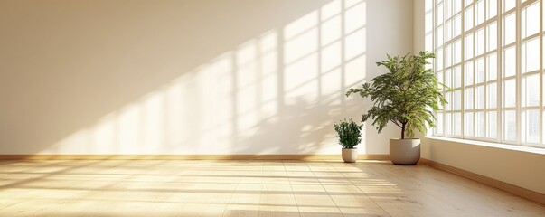 A serene, sunlit room featuring two potted plants, large windows casting shadows on a wooden floor, creating a peaceful atmosphere.