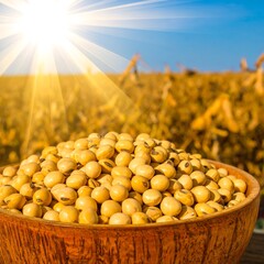 Soybeans in a bowl, sunlit field