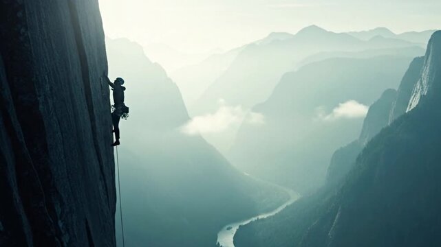 Silhouette of a rock climber scaling a steep cliff face with a stunning view of a valley and mountains in the background adventure time