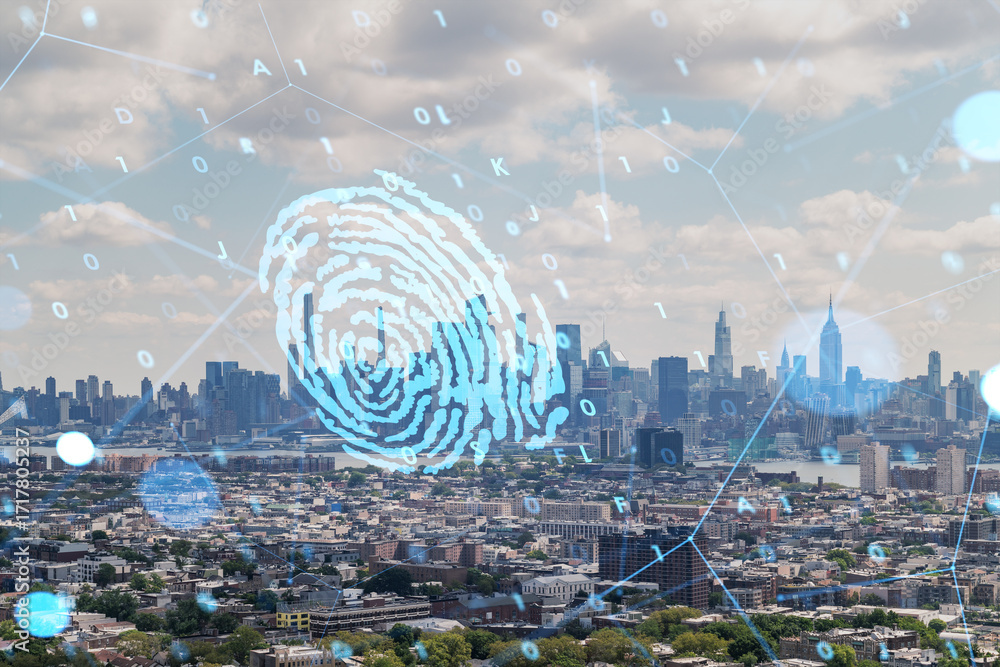 Poster digital fingerprint overlay on nyc skyline symbolizing cybersecurity data concept.