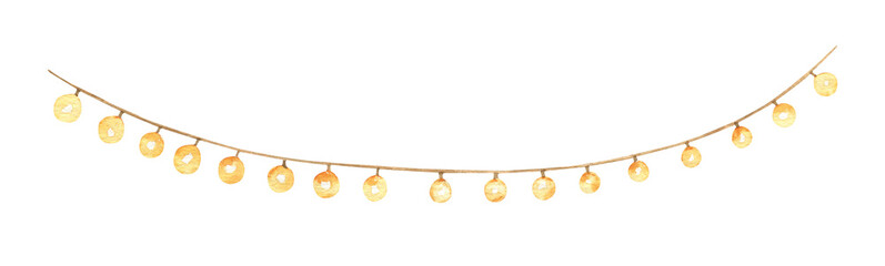 Watercolor yellow lights garland. Cute cozy interior decoration. Clipart for baby shower, greeting cards, party invitations. Hand painted illustration. © Lidiia Chupryna