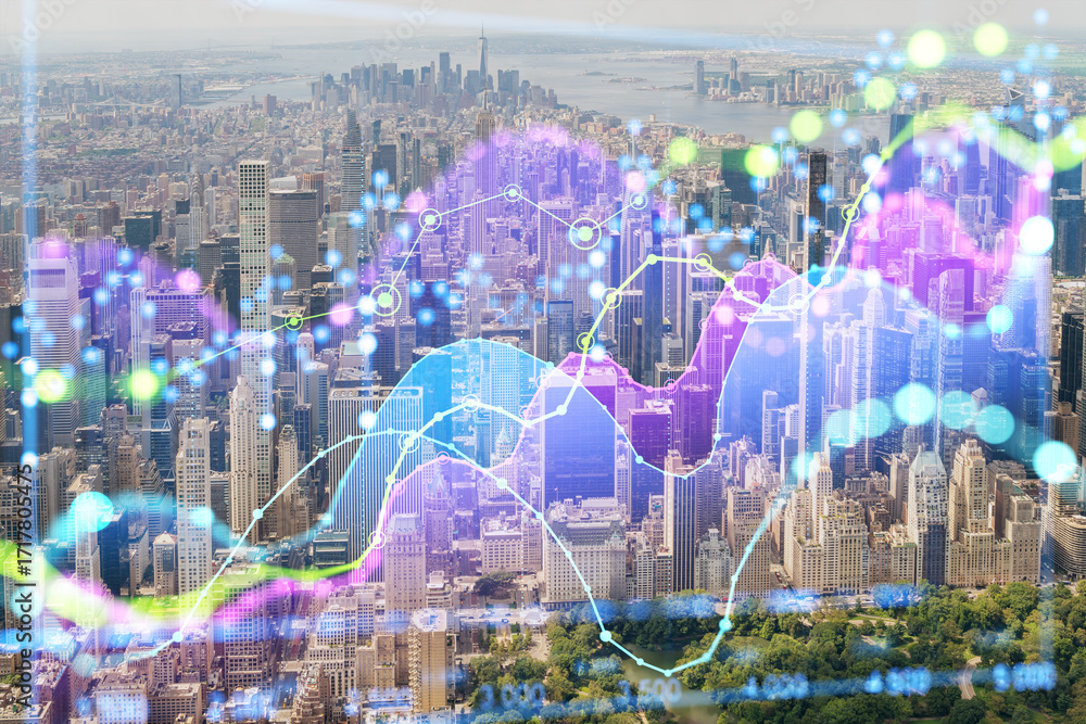 Aufkleber nyc skyline with financial data overlay showing economic trends and growth patterns.
