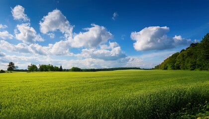 Fototapeta premium Beautiful Sunny Landscape With Fluffy Clouds And Vibrant Greenery During A Clear Day In An Open Field Generative Ai
