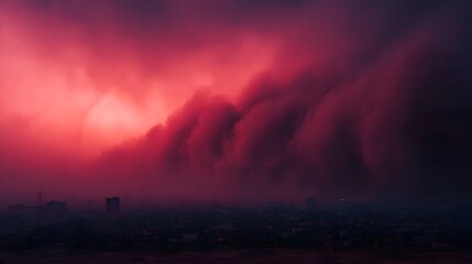 Obraz premium Dramatic red dust storm engulfs a hazy urban skyline under a vibrant ominous sky