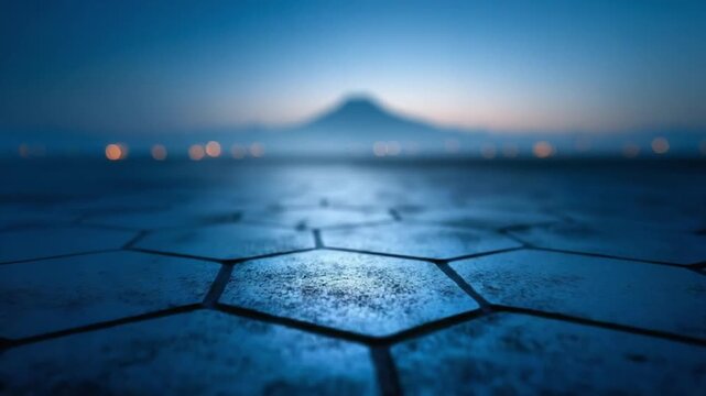 Close-up of blue hexagonal paving stones on a wet surface, with a hazy mountain in the distance under a twilight sky.