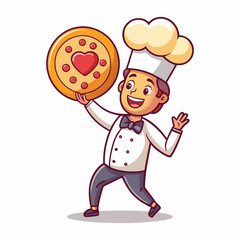 Creative vector illustration of a happy male chef tossing heart-shaped pizza dough – love, food, romance, kitchen artwork