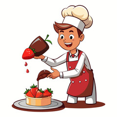 Delicious vector illustration of male chef pouring melted chocolate over fresh strawberries, perfect for food, dessert, culinary, and restaurant designs.