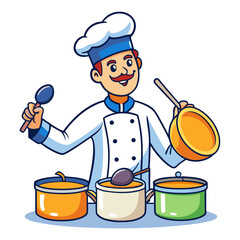 Creative vector illustration of a happy male chef playing drums with saucepans, fun culinary music concept, clean white background