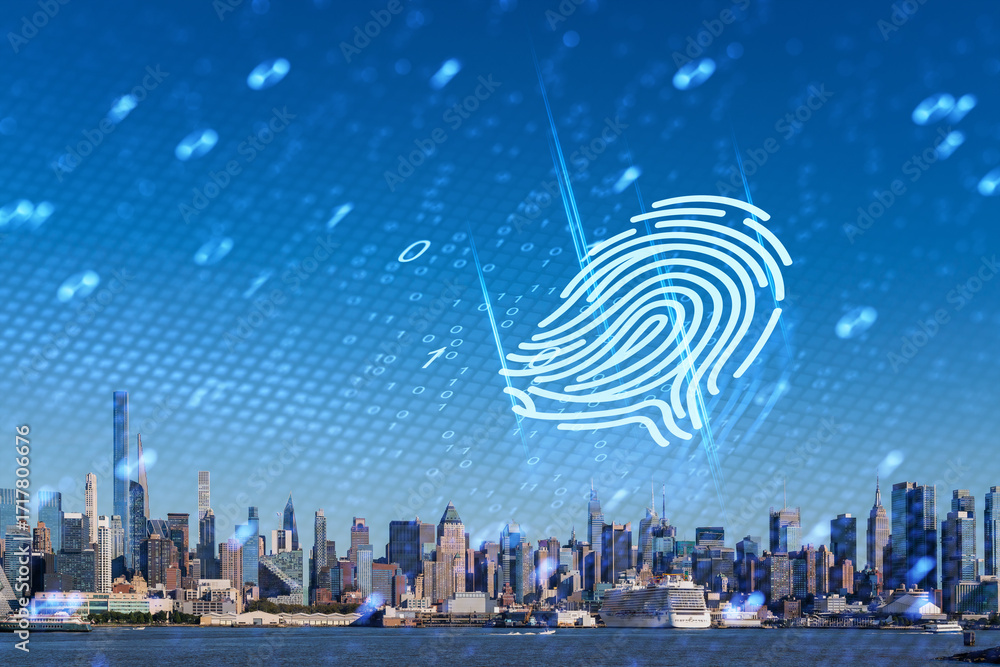 Poster digital fingerprint overlay on new york city skyline with binary code theme.