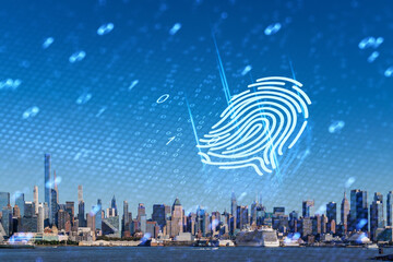 Digital fingerprint overlay on New York City skyline with binary code theme.