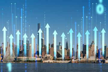 Digital growth concept with upward arrows over New York City skyline background.