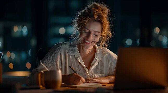 夜遅く、ノートパソコンとカップを前にノートに書き込む女性 | A Woman Writing in a Notebook with a Laptop and a Cup in front of her at Night