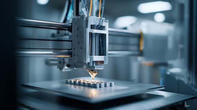3D printer in operation, fabricating a metallic object in a controlled industrial environment