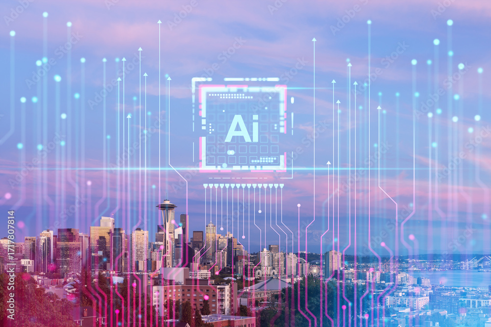 Poster digital ai interface overlaying seattle skyline at sunset with tech circuit effect.