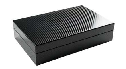 A sleek and modern black box with a carbon fiber pattern, isolated on transparent background, showcasing its elegant design and sophisticated texture, perfect for storing valuables or as a decorative 