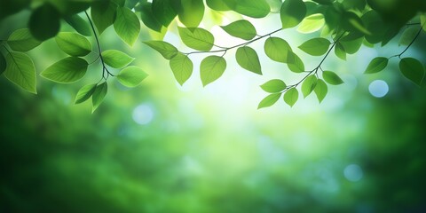 Green background with leaves and branches in the foreground