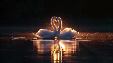 Two swans create a heart shape at sunset in tranquil waters, symbolizing love.