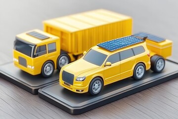 Explore Solar Power, Yellow Car and Truck Displaying Renewable Energy, Sustainable Transport