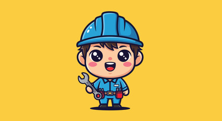 Cute cartoon engineer holding wrench.