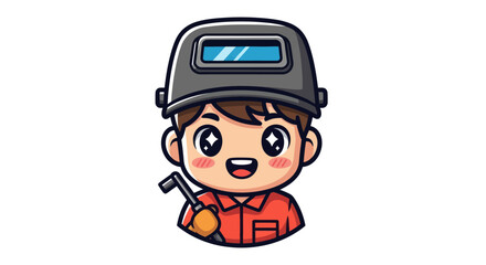 Cute cartoon welder with welding mask and equipment smiling happily.
