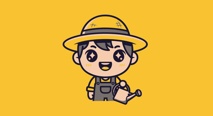 Cute cartoon gardener watering plants.