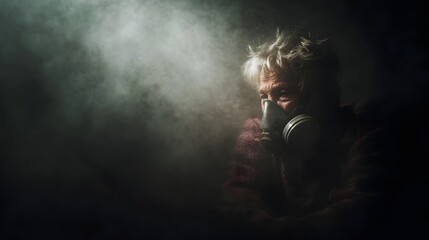 Obraz premium Elderly person wearing a gas mask isolated in dark smoky atmospheric conditions