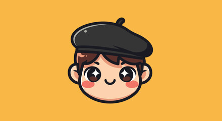 Cute Cartoon Boy Wearing Beret Hat Adorable Character Illustration.