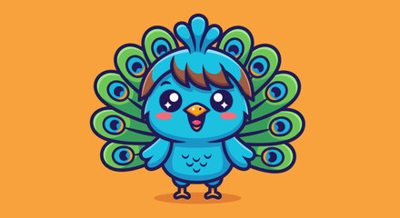 Cute cartoon peacock colorful happy adorable stylized illustration.