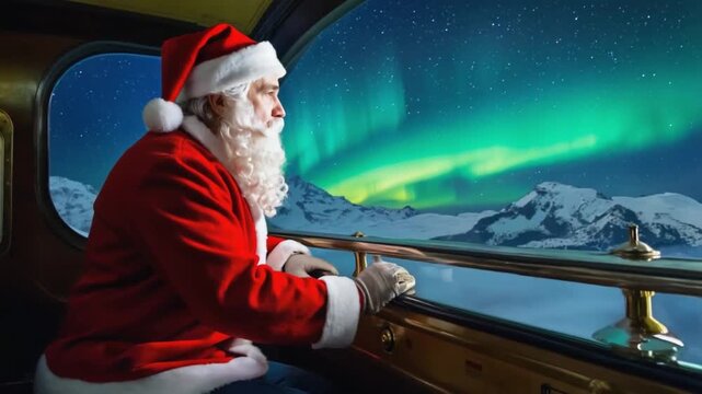 Santa Claus on a steam train at the North Pole.