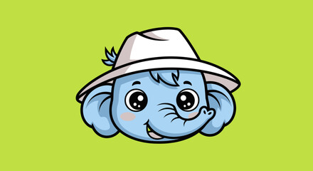 Cute cartoon elephant wearing a white hat smiling cheerfully.