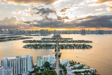 Miami Beach Islands Aerial View at Sunset with City Skyline