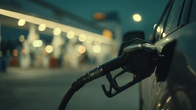 An electric car being charged at a station at night, plugged into the side of the vehicle.